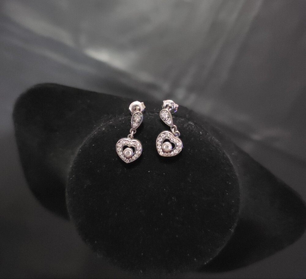 Silver Heart Drop Earrings with Cubic Zirconia Accents